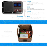 Diagram of the receiver hub. The top section labels the LCD screen, volume/power buttons, and speaker. The bottom section shows the internal view of the sensor housing, highlighting the rechargeable battery and the circuit board.