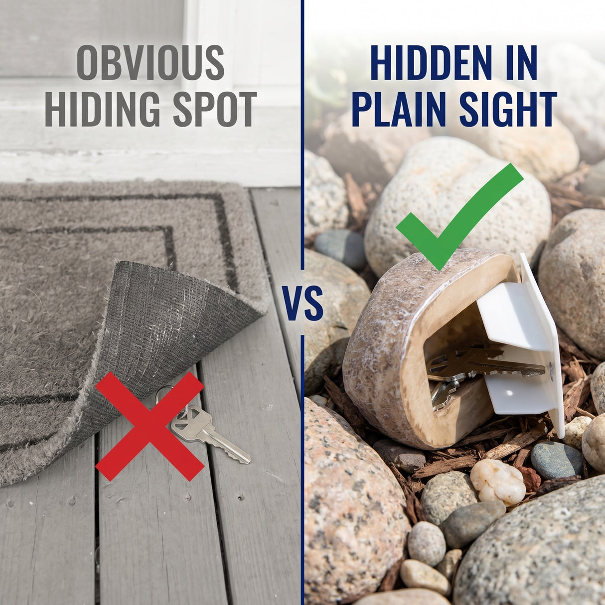Comparison of hiding a key in an obvious spot vs. a hidden spot using a rock shaped container.
