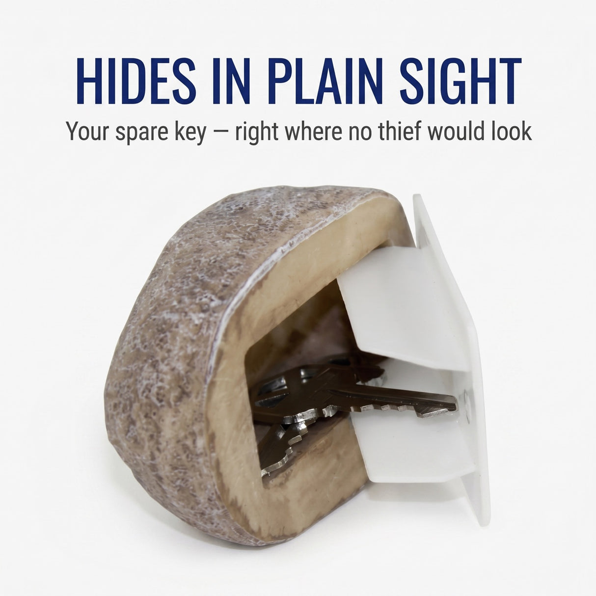 Key holder disguised as a rock with text 'Hides in Plain Sight' on a white background