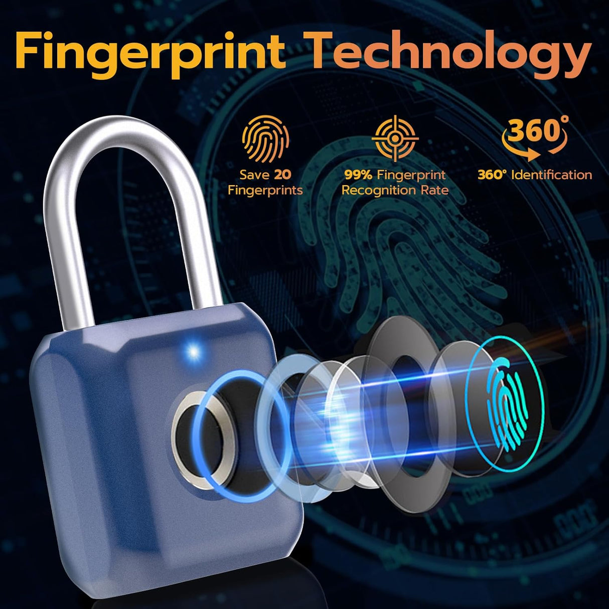 Graphics showing the fingerprint technology of GorillaLock Keyless Biometric Fingerprint Padlock. Save 20 fingerprints. 99% fingerprint recognition rate. 360 degree identification