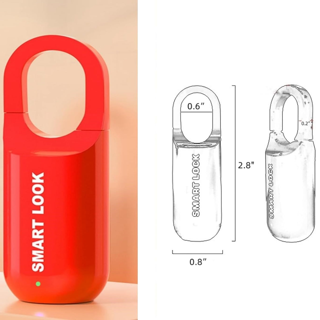 dimensions of GorillaLock Slim Portable Keyless Biometric Fingerprint Padlock with .8" width and 2.8" height