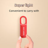 two fingers holding the red GorillaLock Slim Portable Keyless Biometric Fingerprint Padlock with texts "super light" and "convenient to carry with"