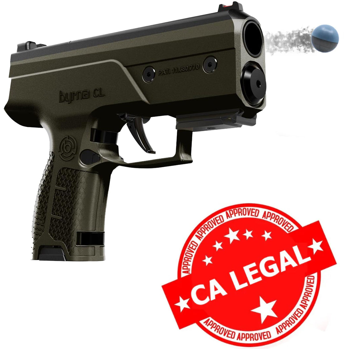 Byrna CL green self-defense launcher shooting non-lethal projectiles, approved for California use with CA Legal stamp