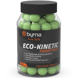 A clear plastic jar containing green Byrna Non-Lethal Self-Defense Eco-Kinetic Projectiles