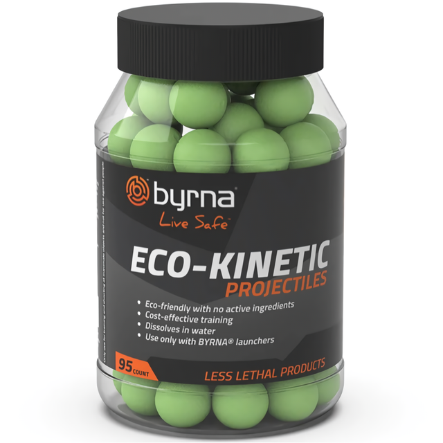 A clear plastic jar containing green Byrna Non-Lethal Self-Defense Eco-Kinetic Projectiles