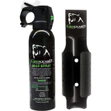 A black canister of GrizGuard Bear Attack Deterrent Pepper Fog 7.9 oz. alongside with its black quick access holster