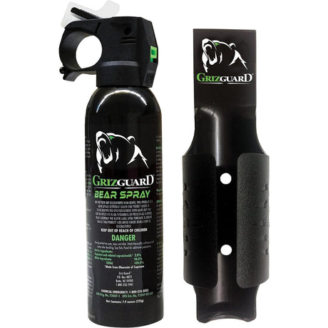 A black canister of GrizGuard Bear Attack Deterrent Pepper Fog 7.9 oz. alongside with its black quick access holster