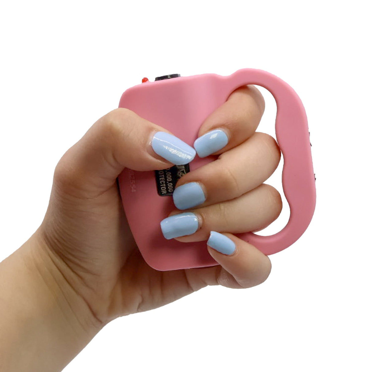 A hand holding a pink JOLT 80M Protector Rechargeable Stun Gun