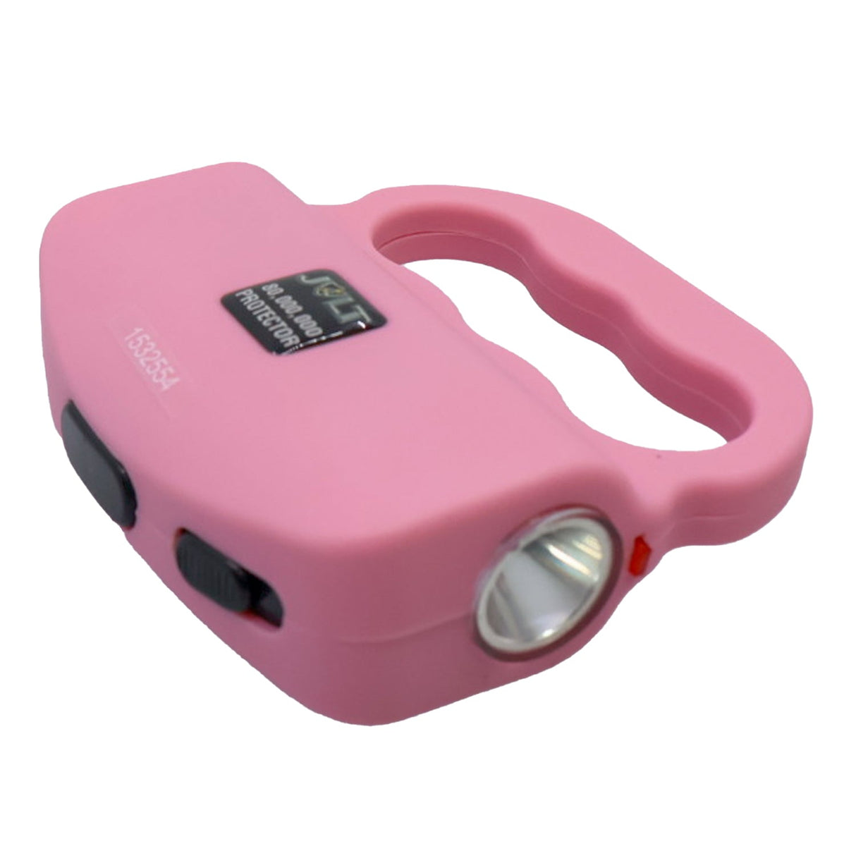 A pink 80M JOLT Protector Rechargeable Stun Gun with knuckle guard ring and flashlight