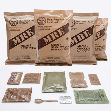 MRE (Meal, Ready-to-Eat) packages and contents on a white background