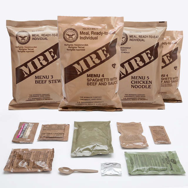 MRE (Meal, Ready-to-Eat) packages and contents on a white background