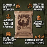 MRE (Meal, Ready to Eat) package with features listed on a green background