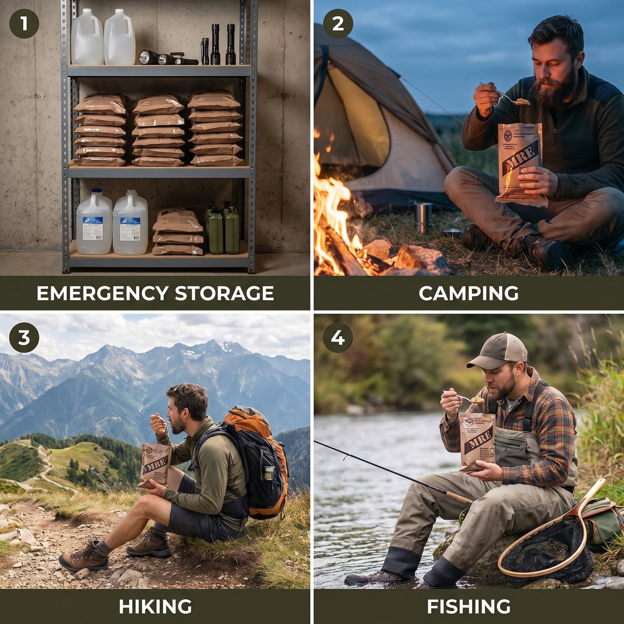 Collage of images showing emergency storage, camping, hiking, and fishing scenarios with a person holding MRE (meal ready to eat)