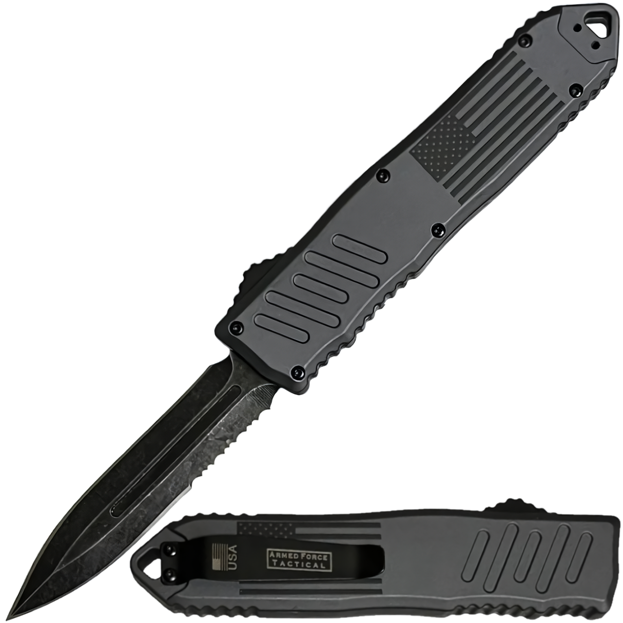 A black 3.25" Armed Force Tactical OTF Dagger Knife, shown both open and closed featuring the blade and its metal clip