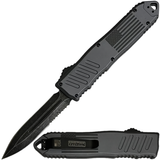 A black 3.25" Armed Force Tactical OTF Dagger Knife, shown both open and closed featuring the blade and its metal clip