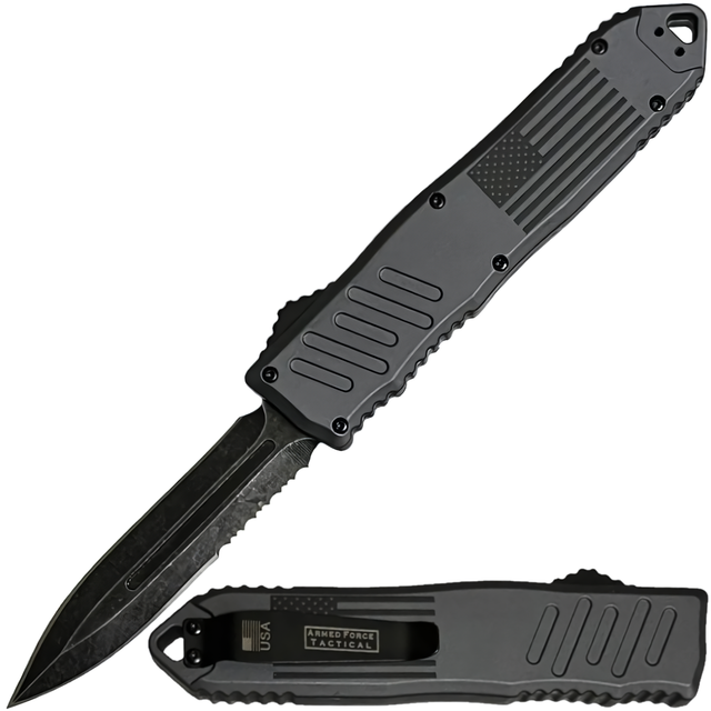 A black 3.25" Armed Force Tactical OTF Dagger Knife, shown both open and closed featuring the blade and its metal clip