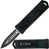 A black 3" Armed Force Tactical Mini Automatic OTF Dagger Pocket Knife, shown both open and closed featuring the blade and its metal clip