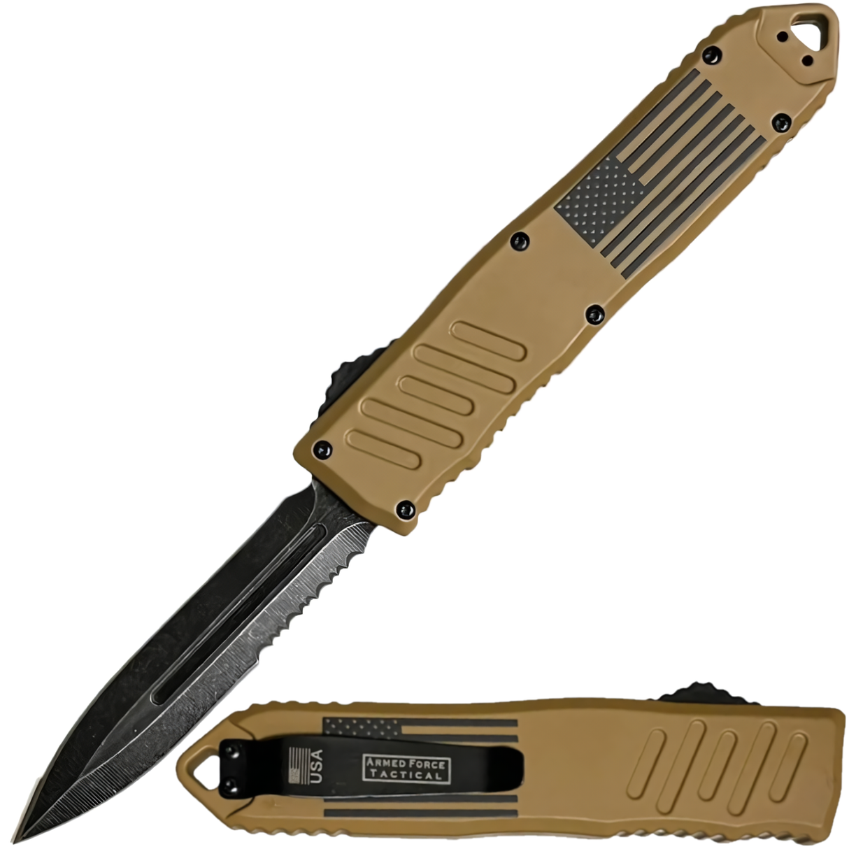 A brown 3.25" Armed Force Tactical OTF Dagger Knife, shown both open and closed featuring the blade and its metal clip
