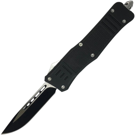 An open black 3.25" Armed Force Tactical Automatic OTF Pocket Knife 
