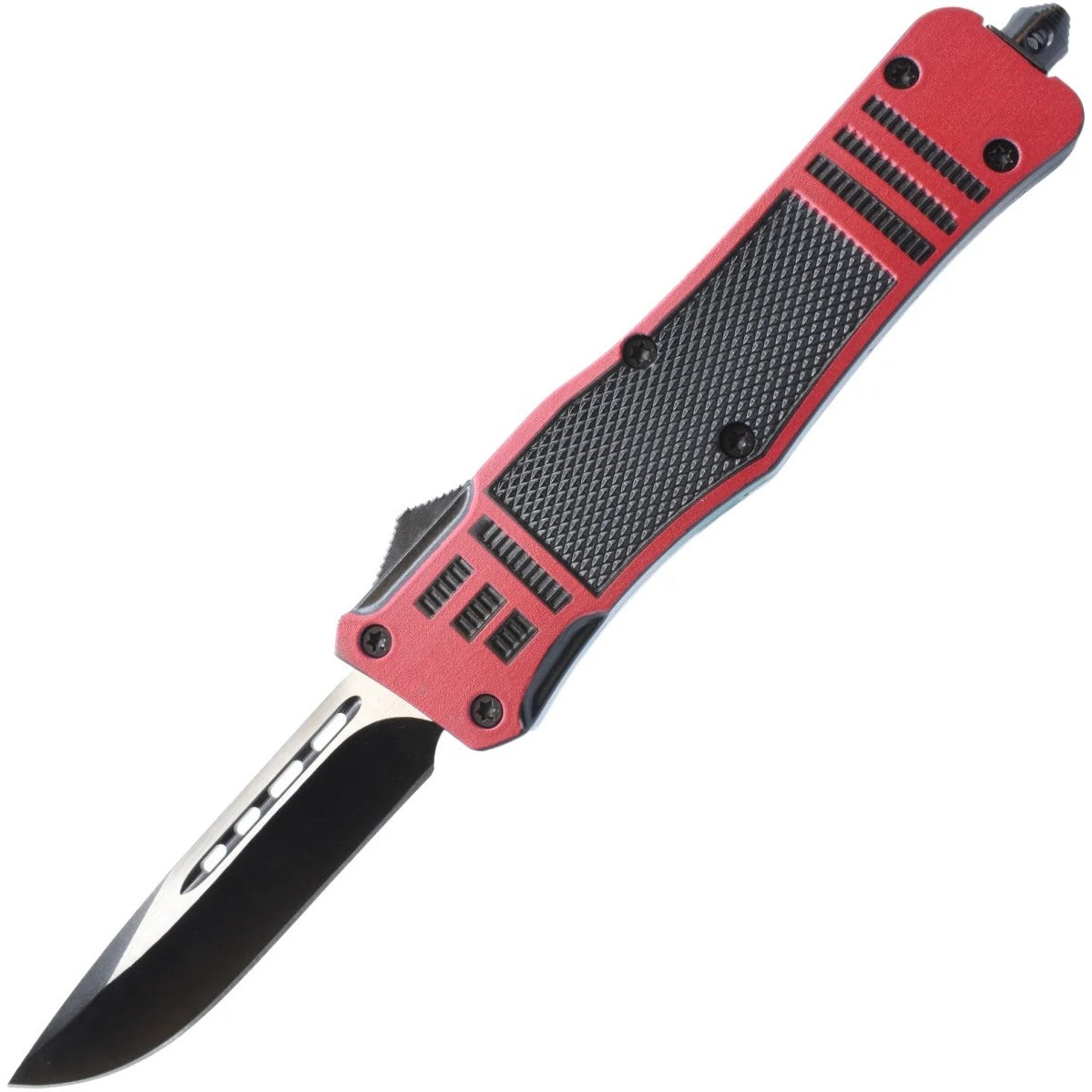 An open black and red 3.25" Armed Force Tactical Automatic OTF Pocket Knife