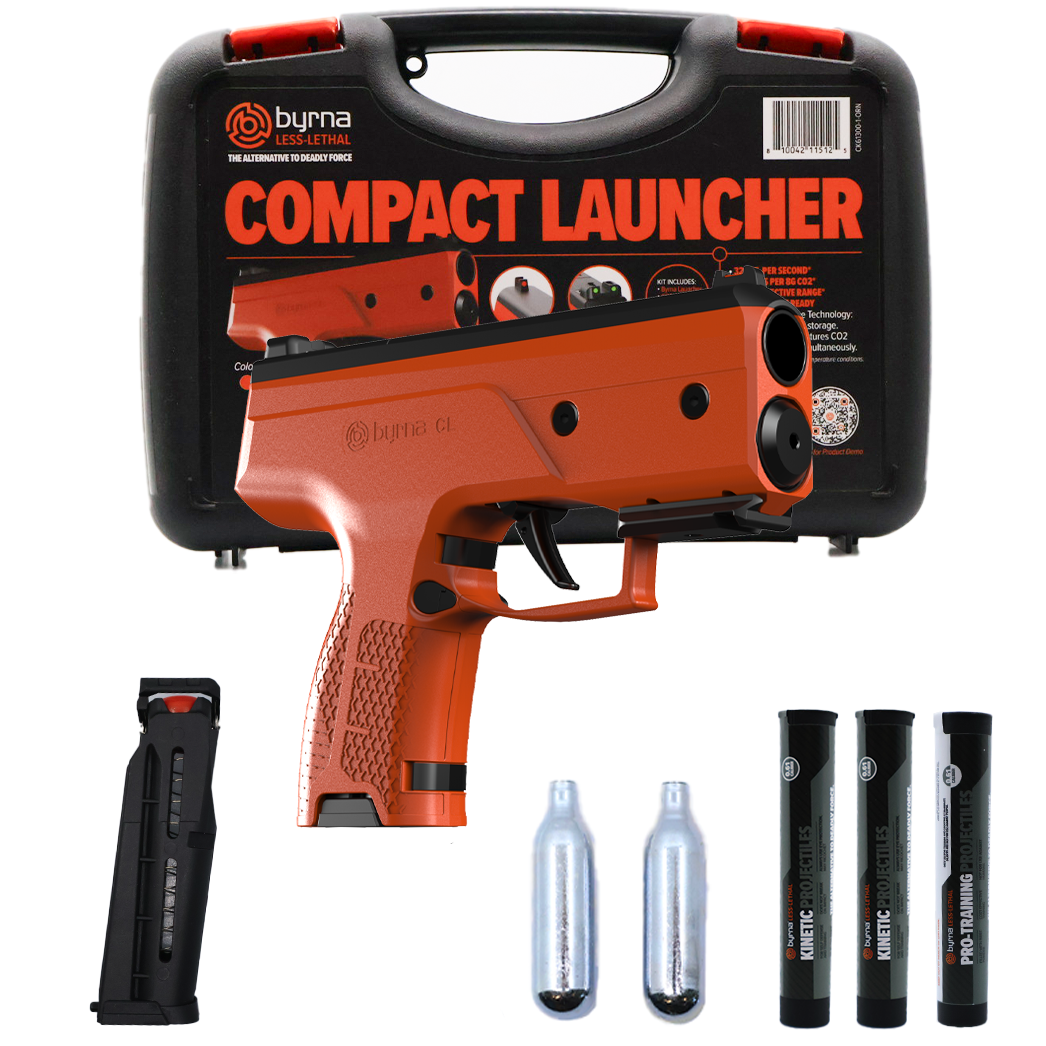 Bundle of Byrna® CL Kinetic Non-Lethal CA Legal Projectile Gun including 5-Round Magazines, Byrna 8-Gram CO2 Cylinders, 5-Round Tube of Byrna Kinetic Projectiles, Eco-Kinetic Projectiles and a carrying case