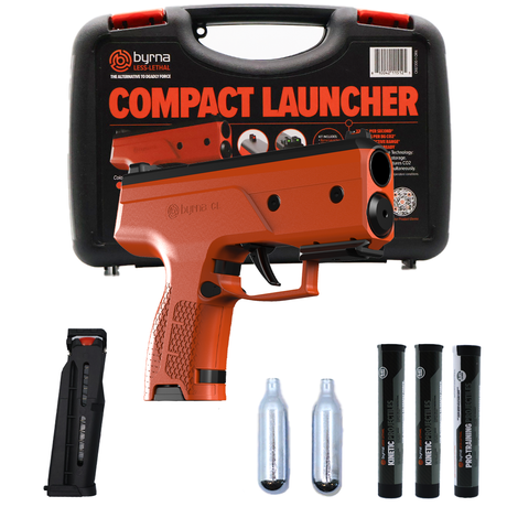 Bundle of Byrna® CL Kinetic Non-Lethal CA Legal Projectile Gun including 5-Round Magazines, Byrna 8-Gram CO2 Cylinders, 5-Round Tube of Byrna Kinetic Projectiles, Eco-Kinetic Projectiles and a carrying case