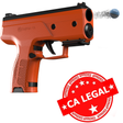 An orange Byrna® CL Kinetic Non-Lethal CA Legal Projectile Gun with a round projectile flying out of the barrel, featuring a 'CA LEGAL' stamp in the foreground.
