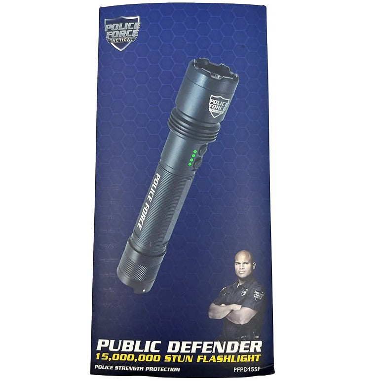 Police Force Tactical Public Defender Stun Gun Flashlight 15M