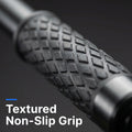 Close up of a textured baton handle with a non-slip grip