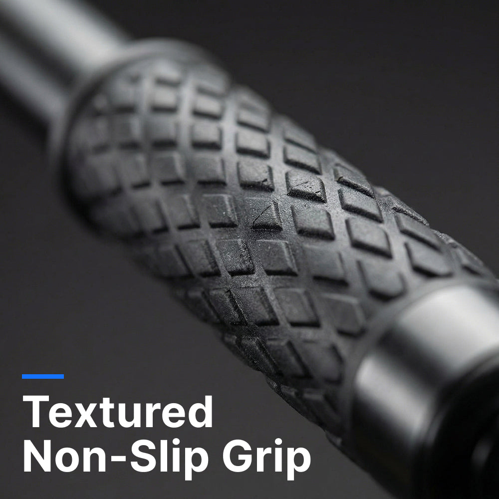 Close up of a textured baton handle with a non-slip grip