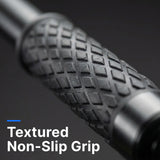 Close up of a textured baton handle with a non-slip grip