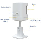 Diagram of a PIR motion sensor of Crow Alert Smart WiFi Wireless Home Security 4G Alarm System Plus labeling the power switch, test/normal switch, lens, battery cover, and mounting bracket