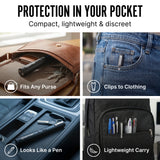 4 image grid showing a pen stun gun with various uses including fitting in a purse, clips to clothing, looks like a pen, and lightweight carry.
