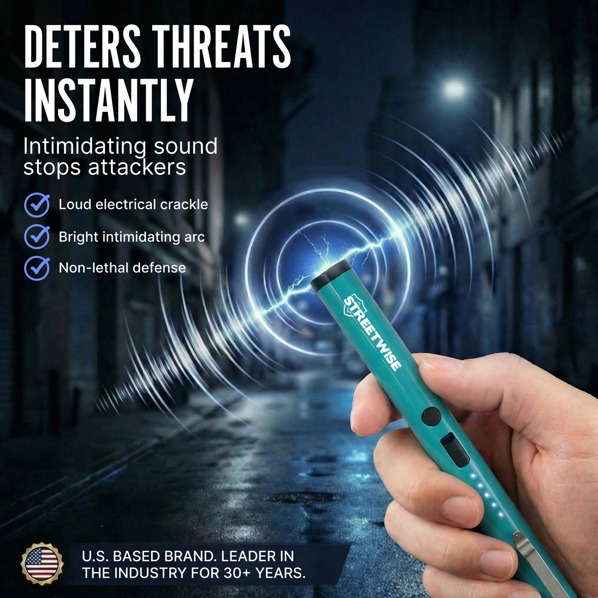 Hand holding a 6" Streetwise Pain Pen with text: Deters Threats Instantly