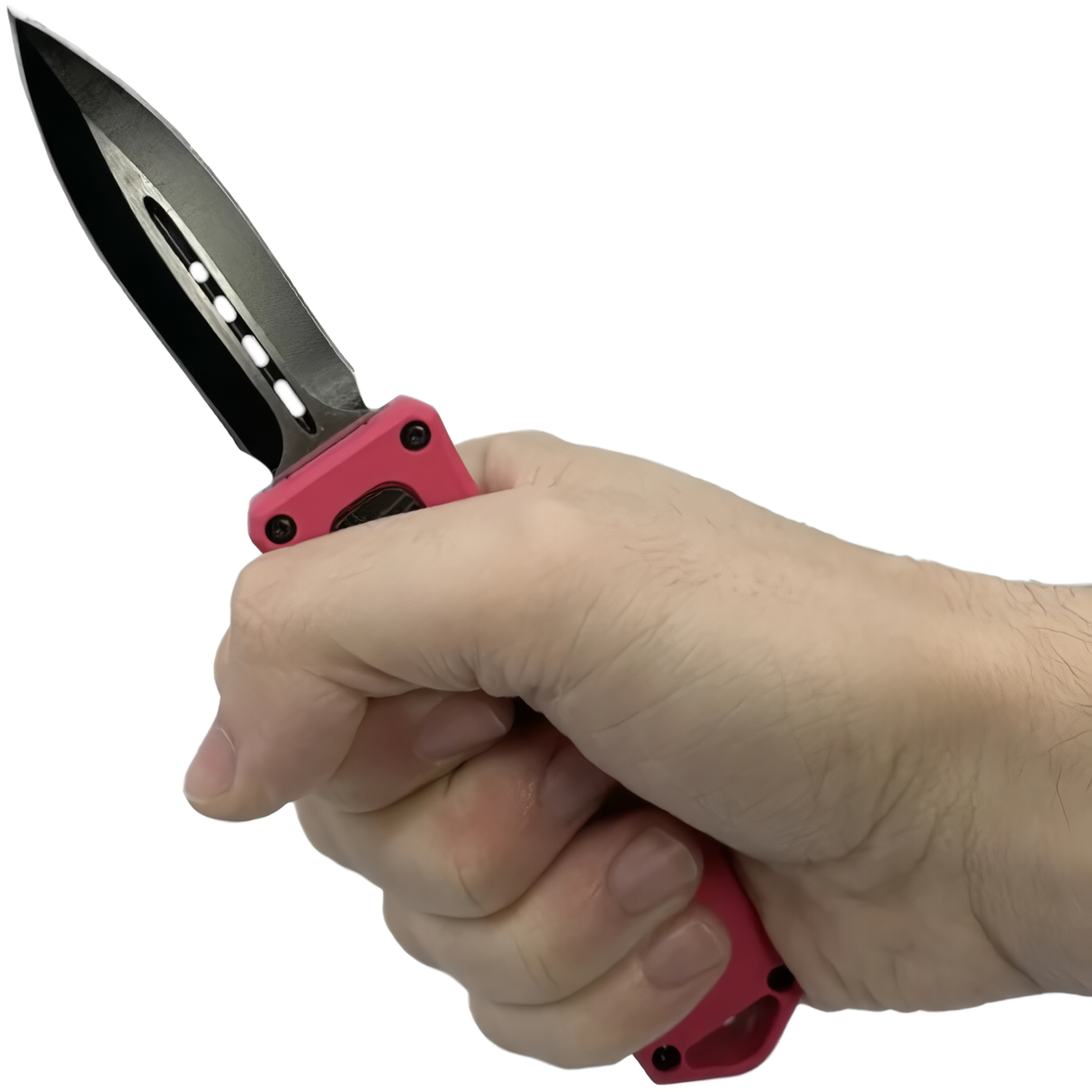 A hand holding a pink 3" Armed Force Tactical Mini Automatic OTF Dagger Pocket Knife
