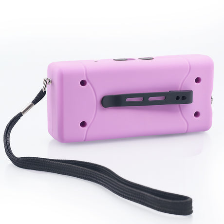 A backview of pink 98M JOLT Mini Rechargeable LED Triple Stun Gun with wrist strap and pocket clip showing