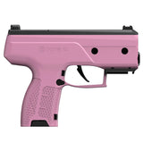 Close-up of pink Byrna CL self-defense launcher with ergonomic grip and trigger, CA Legal