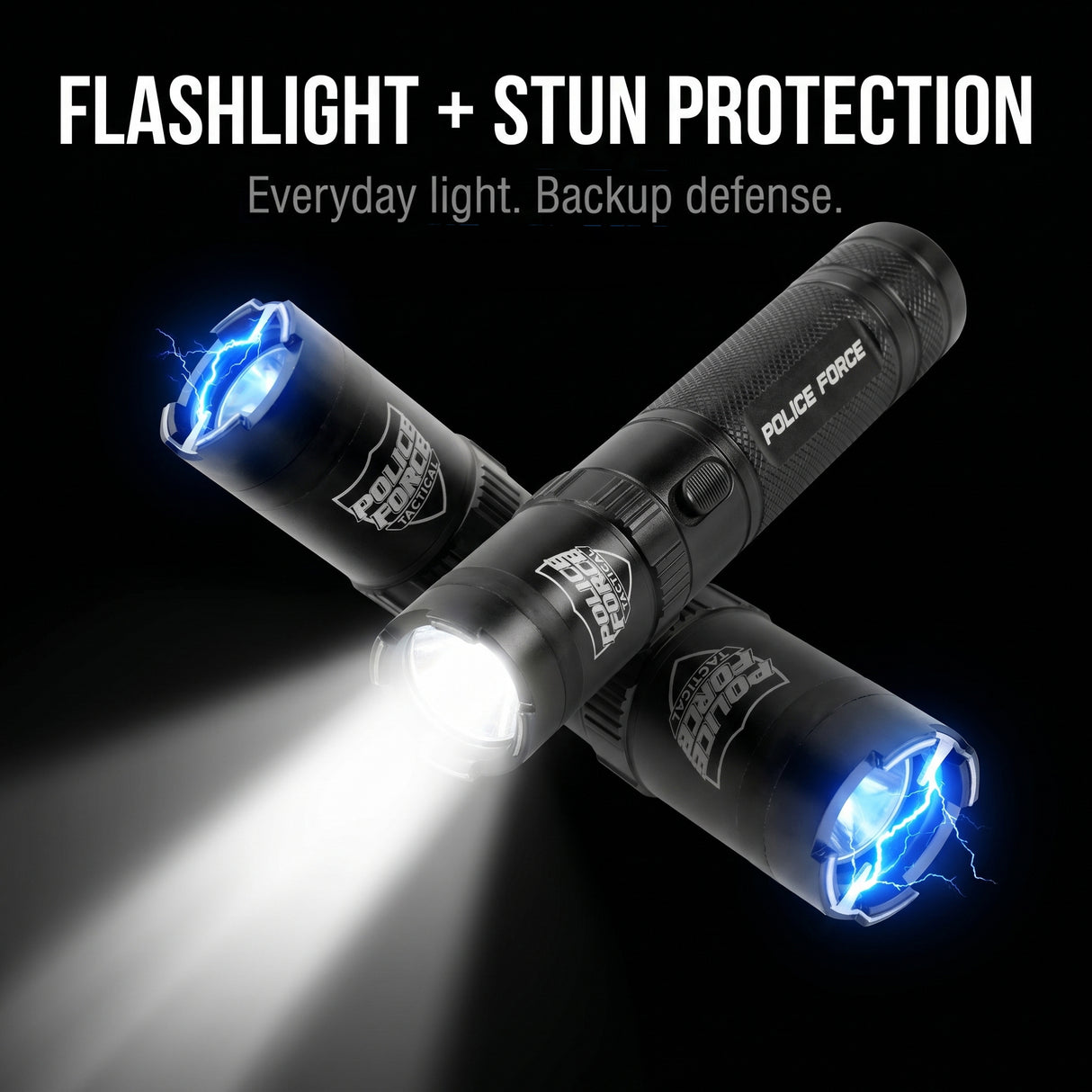 2 Police Force Tactical Rechargeable Stun Gun Flashlight 9.2M, one with flashlight on and one activated
