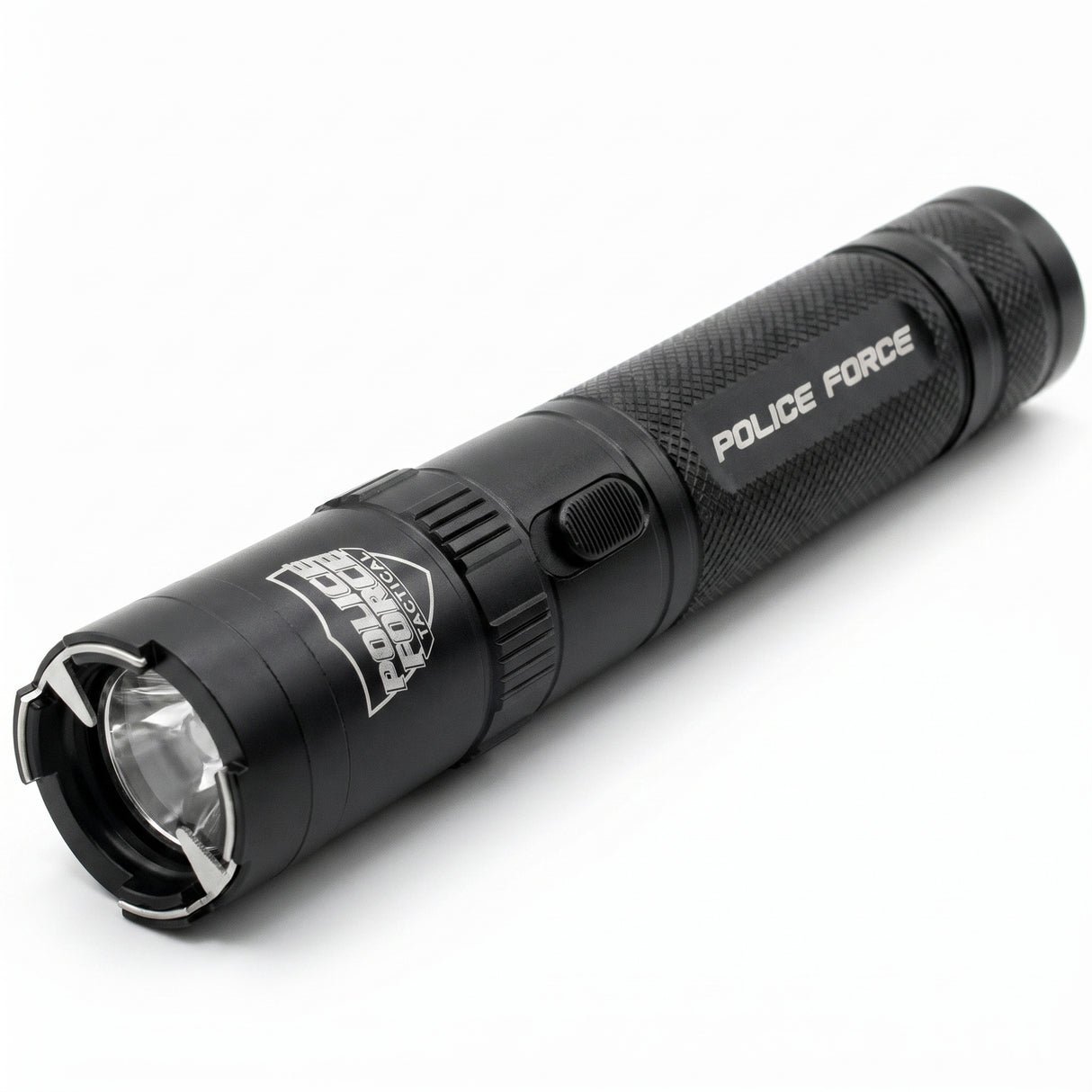 A hand holding a Police Force Tactical Stun Gun Flashlight Black 9.2M