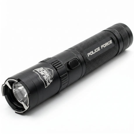 A hand holding a Police Force Tactical Stun Gun Flashlight Black 9.2M