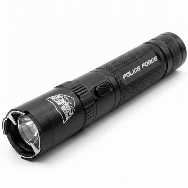 A hand holding a Police Force Tactical Stun Gun Flashlight Black 9.2M