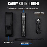 Keychain flashlight with features highlighted on a dark blue background