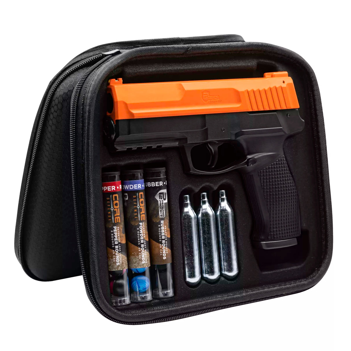 Prepared2Protect pepper gun kit, open showing rubber rounds, inert rounds, pepper rounds, co2 cartridges and carrying case