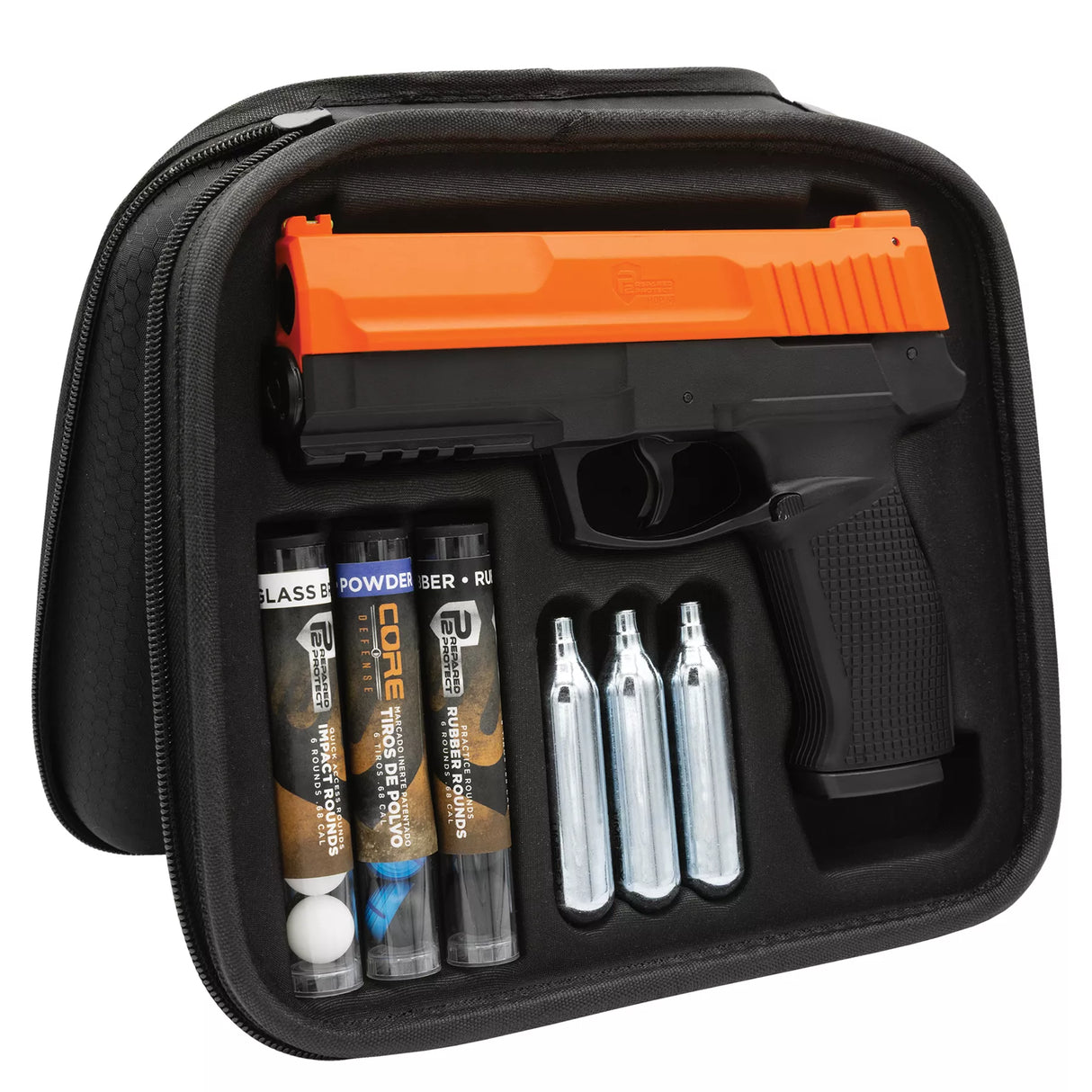 Prepared2Protect pepper gun kit, open showing rubber rounds, inert rounds, co2 cartridges and carrying case