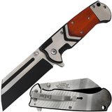 A silver, black and red 3.75" ElitEdge Spring Assisted Stainless Steel Cleaver Blade Pocket Knife shown in both folded and open state