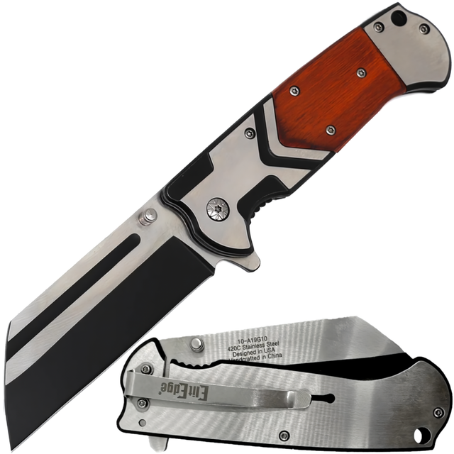 A silver, black and red 3.75" ElitEdge Spring Assisted Stainless Steel Cleaver Blade Pocket Knife shown in both folded and open state