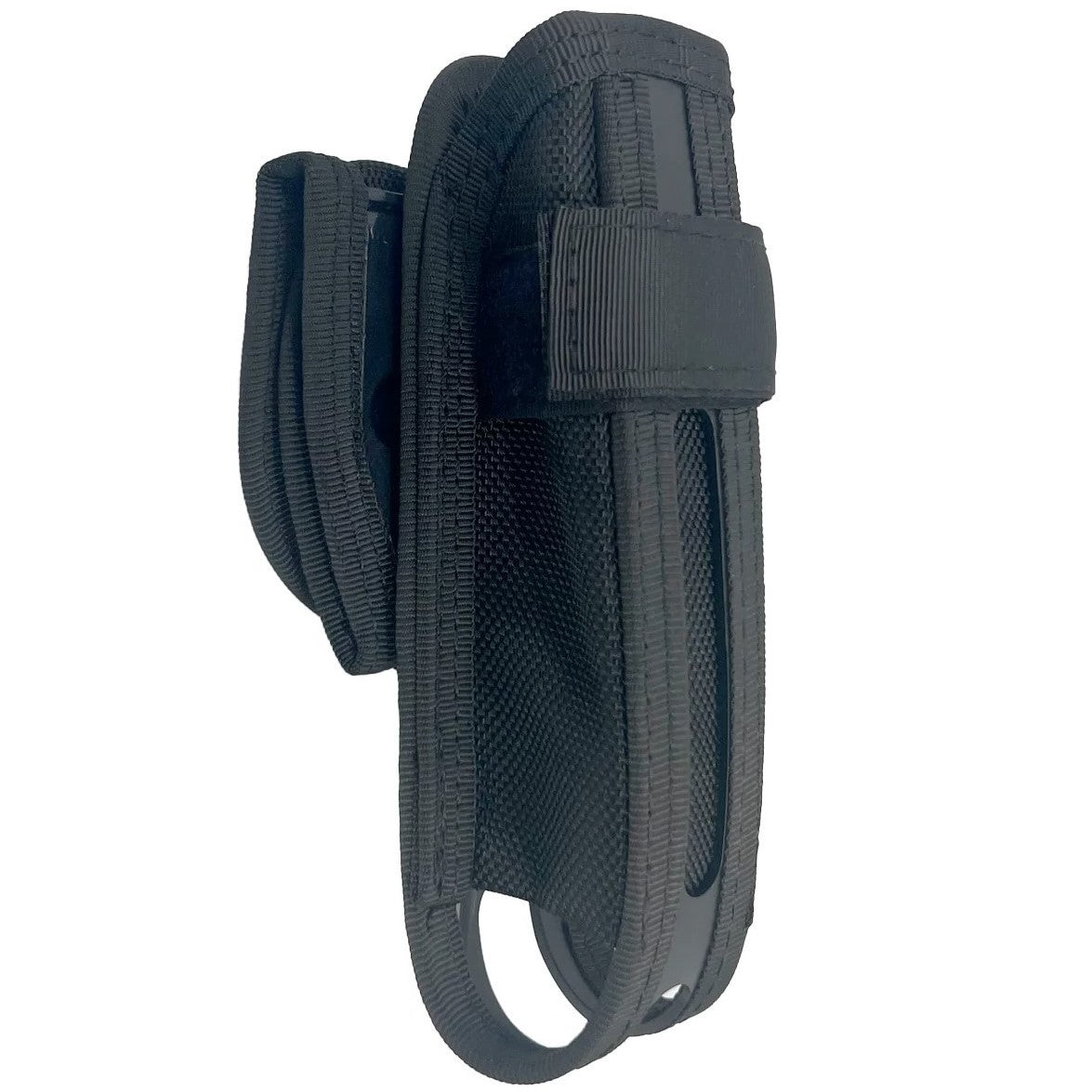 A black Rotating Universal Heavy-Duty Tactical Baton Holster with mount and Velcro strap.