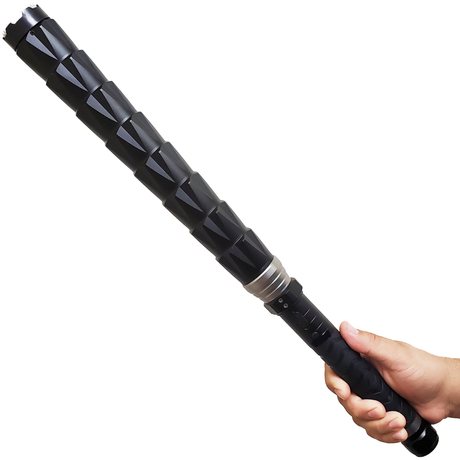 Hand holding a black 22" Safety Tech Bouncer Rechargeable LED Stun Gun Baton 100M, fully extended