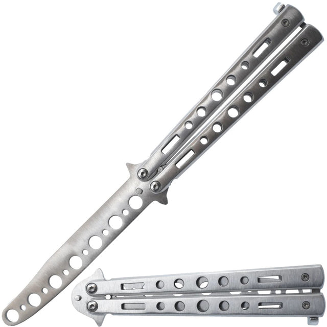 3.75" Silver Butterfly Trainer Fake Folding Pocket Knife showin in open and folded state
