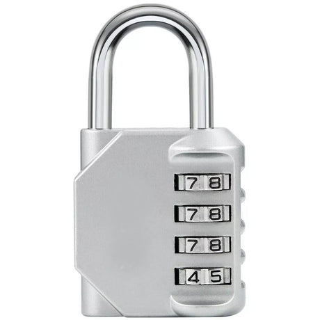 A silver portable waterproof  keyless padlock with a 4-digit combination lock from GorillaLock